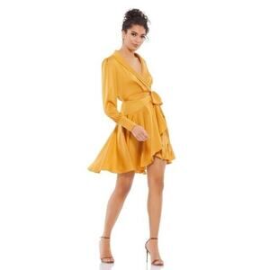 NWT Mac Duggal Satin Wrap Mini Dress Long Sleeve High Low Skirt‎ Marigold Size 0